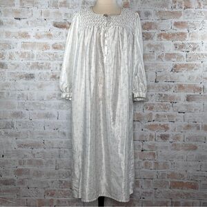 Vintage 90s Satin Floral Ruched Bodice Button Down Neck Fleece Lined Night Gown